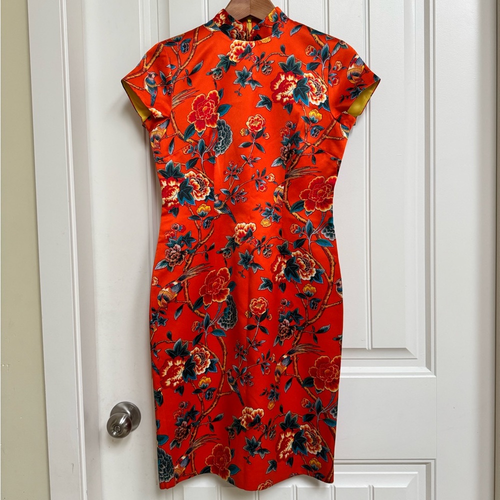 Silk Retro Cheongsam Orange and Blue Floral with Birds Fitted Dress. Size 2